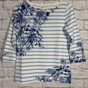 Talbots Womens Blue White Striped Floral Tee 3/4 Sleeve Size Petite P